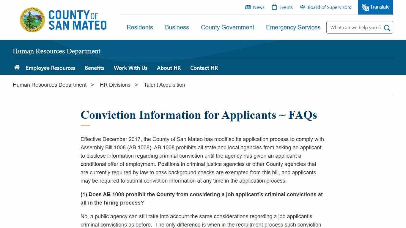 Conviction Information for Applicants ~ FAQs | County of San Mateo, CA