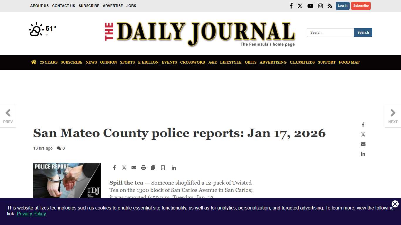 San Mateo County police reports: Jan 17, 2026 | Local News | smdailyjournal.com