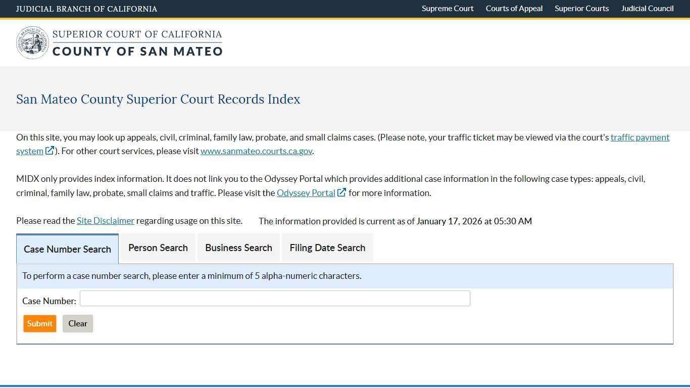 San Mateo County Superior Court Records Index | San Mateo Superior Court