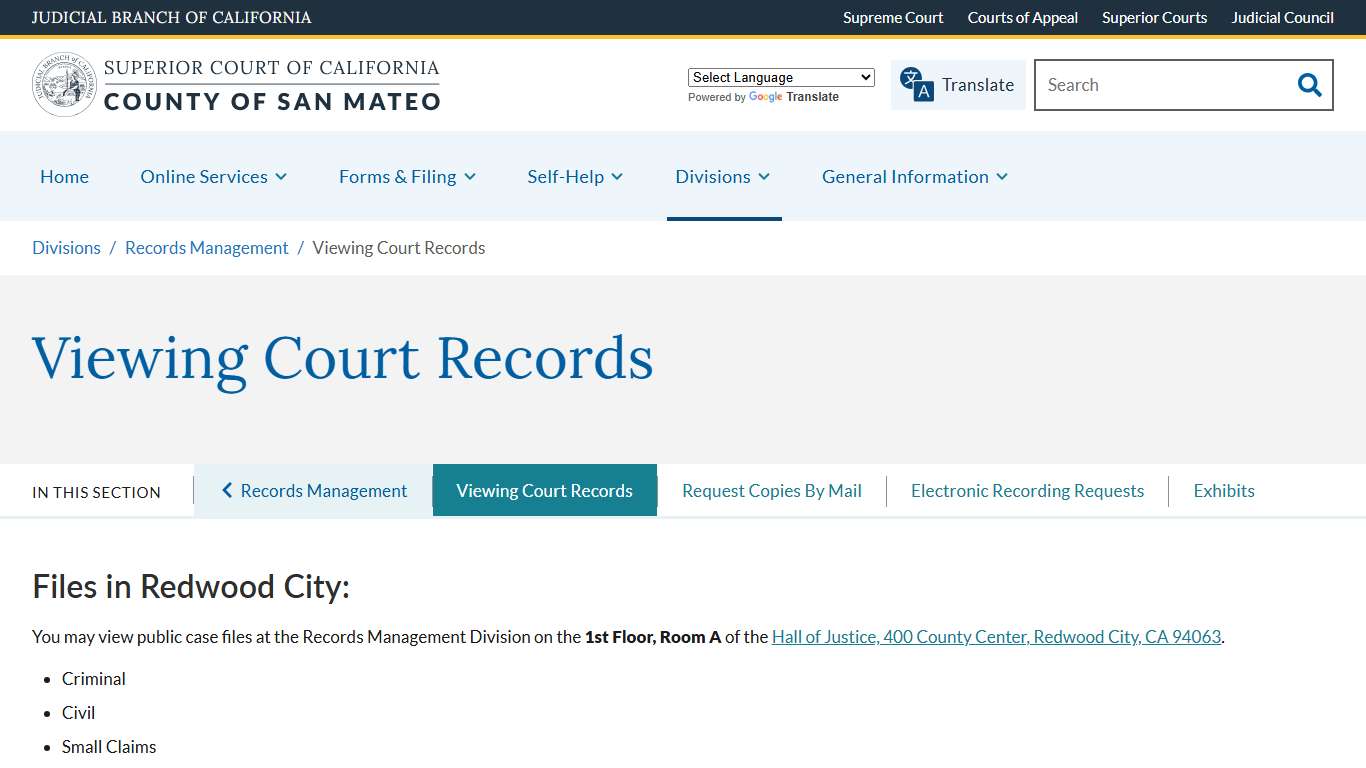 Viewing Court Records | Superior Court of California | County of San Mateo